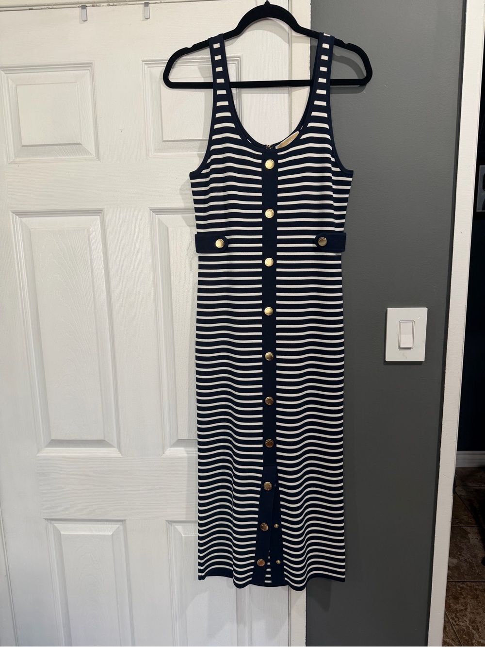 Michael Kors Navy and White Striped Dress with Gold Logo Button